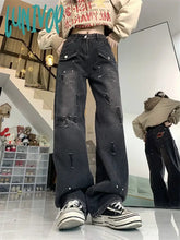 Lunivop Women’s Distressed Splash-Ink High Waist Black Jeans American Fashion Vintage Streetwear